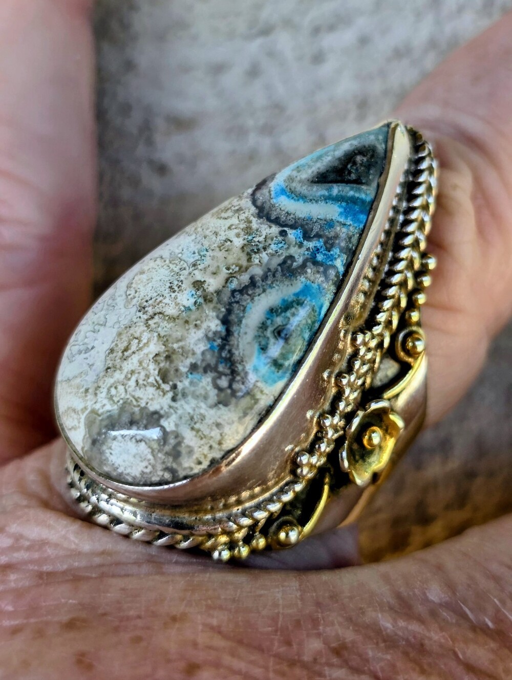 Custom-Made Dyed Crazy Lace Ring In 925 Sterling Silver W Gold Vermeil (7)